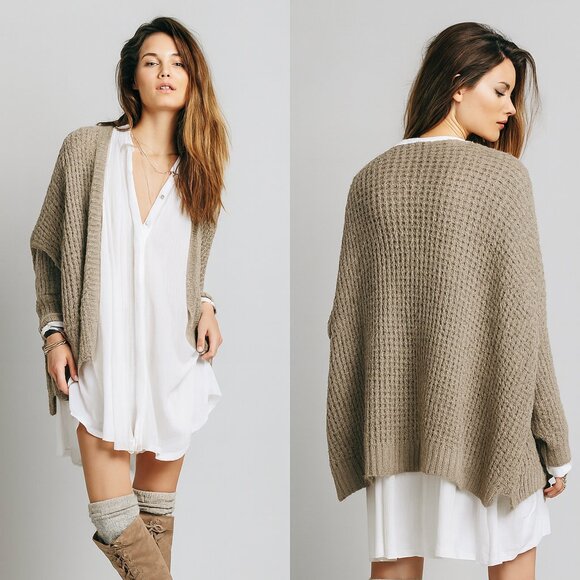 FREE PEOPLE Waffle Knit Bat Wing Cardigan in Teak/Taupe - Picture 1 of 10